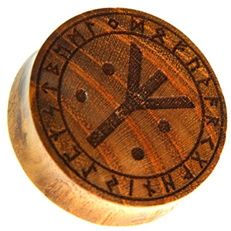 CHICNET Runen Gravur Flesh Plug Teakholz Holz braun Rune Leben Tod Punkte, Double Flared Handarbeit, Tunnel Ohr Piercing Tube für Damen Herren 6mm-30mm 24 mm