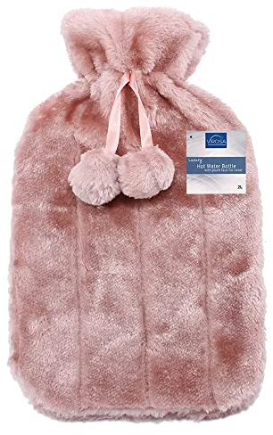 VIROSA Luxury Hot Water Bottle with Soft Faux Fur Cover & Pom Poms – 2 Litre Large Leakproof Rubber Bottle for Neck, Shoulder, Back Pain Relief & Hand and Feet Warmer (Plum)