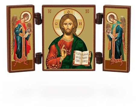 NKlaus Triptychon christliches Jesus Bild aus Holz als Reisealtar, 1 Stück | Spasitel und orthodoxe Ikone; Maße 9,5 x 5,2 x 0,6 cm, Gewicht 26 g, für religiöse Andacht