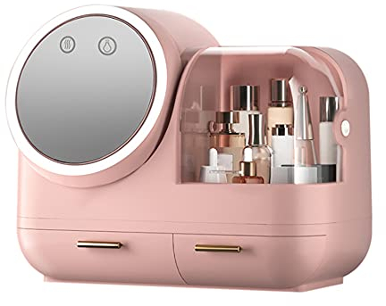 Acesunny Kosmetikorganiser mit Spiegel, Beauty Box mit Licht und Staubdichtem Deckel Kosmetik Make up Organizer Aufbewahrungsbox LED-Licht USB-Aufladung (Rosa)