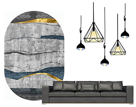 makeups1 Teppich Oval Kurzflor Modern Teppiche Wohnzimmer, Schlafzimmer, Anti-Rutsch Waschbarer Flächenteppich, zementgrau schwarz Gold gestreift,160 x 280 cm