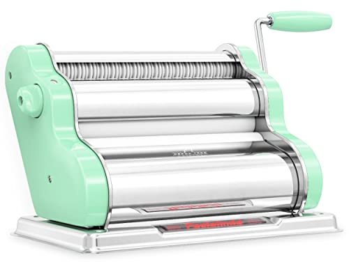 PASTALINDA Nudelmaschine Classic 260, 26 cm breite Walzen, 9 Stärkepositionen, 2 Schnittpositionen, Edelstahl Inklusive verstärkter Handkurbel und zwei Klemmen (Pastellgrün)
