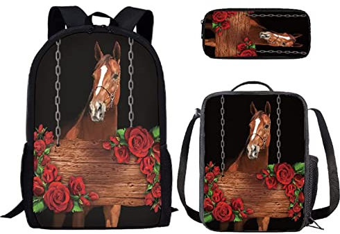 Binienty Jungen Rucksack Kinder Elementary Bookbag Schultasche mit isolierter Lunchbox Tragetasche und Federmäppchen, Pferd 5, Einheitsgröße