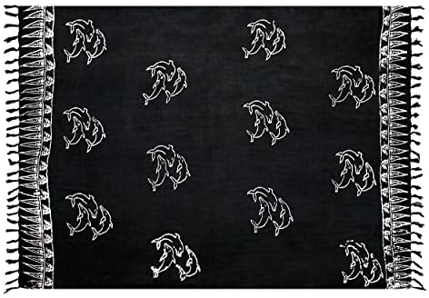 SAIVONA Pareo Sarong Strandtuch Damen - Wickelrock Strand - Handtuch Blickdicht als Wickeltuch oder Handtuchkleid und Wickelkleid Damen - Handarbeit aus Fair Trade Herstellung Batik Delfin Schwarz
