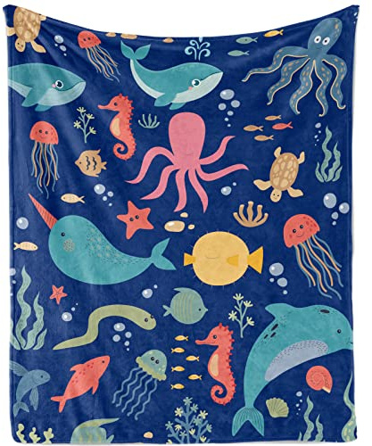 TUTUXMA Kuscheldecke Kinder Meer, Weich Flauschig Meer Tier Decke für Jungen, Plüsch Kuscheldecke Meer Tier Decke Unterwasser Flanell Fleecedecke Geschenk für Sofadecke Couch Decke, Blau, 100x130cm