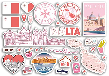 A5 Sticker Sheet Malta Pink Landmarks Vinyl Stickers - Maltese Map Airport Stamp Skyline Flag Travel Holiday City Country Aesthetic #80352