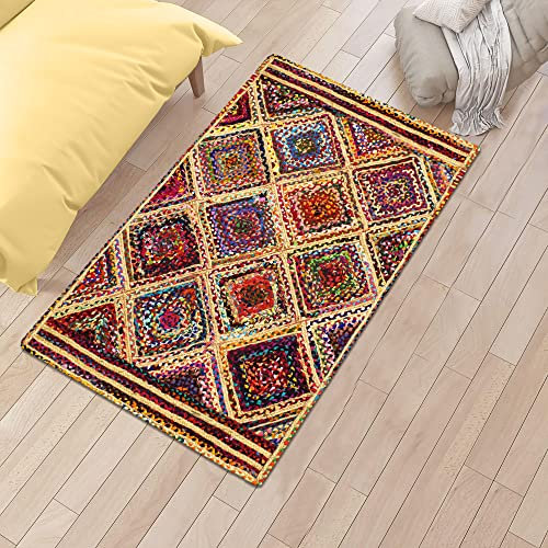 CASAVANI Indischer handgeflochtener Flickenteppich, geometrisch, mehrfarbig, 90 x 152 cm, Chindi-Baumwolle und Jute, rechteckige Form, für Schlafzimmer und Küche, 70 x 122 cm