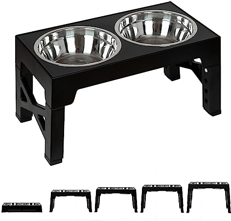 FOREYY Adjustable Elevated Dog Bowls with 2 Stainless Steel Bowls, Raised Dog Bowl 5 Heights (8, 22, 25,28, 31 cm), Non-Slip Dog Food water Bowl Stand for Small Medium Large Dogs(Black)