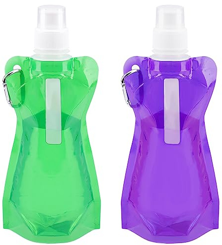VIEVRE Lot de 2 gourdes pliables de 500 ml, réutilisables, avec mousqueton, pour la randonnée, les voyages, les aventures (violet et vert)