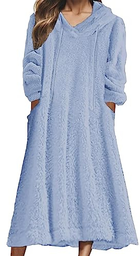 KBOPLEMQ Bademantel Damen Lange Morgenmantel mit Reißverschluss Oversized Hoodie Fleece Nachtwäsche Hausmantel mit Taschen Wearable Sweatshirt Bequeme Nachthemd Kapuze Plüsch volle Länge Loungewear