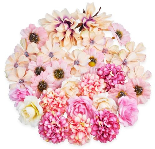 ROLLWAY 34pcs Fleurs Artificielles Deco，Mini Fleur Artificielle Fausse Fleur Decoration Petite Tête de Fleur Rose Artificielle 4-7cm Petites Capitules Tete pour décoration Mariage DIY Couronne
