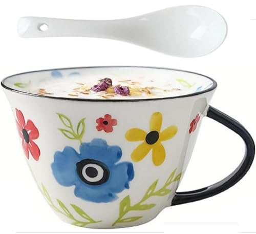 FülleMore 600ml große Frühstückstasse Müslitasse mit Henkel Müslibecher Kaffeebecher mit Löffel Salat Schale Porzellan Joghurtbecher Keramiktasse Geschenk für Oma Mutter Freundin (Blau)