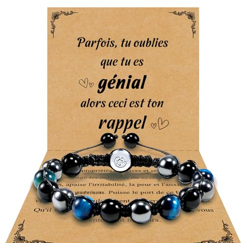 VGWON Bracelet Homme Idee Cadeau Homme Bijoux Original Utile Papa Papy Collegue Frere Mari Copain Garcon Ado Fils Anniversaire Fete des Peres Cadeaux Ajustable Pierre Naturelle Oeil de Tigre Hématite