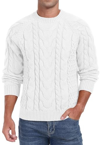 QIXING Jersey de Punto Trenzado para Hombre Cuello Redondo Suéter Suave Casual Manga Larga Tops de Punto Texturizado para Hombre Reino Unido, blanco, L