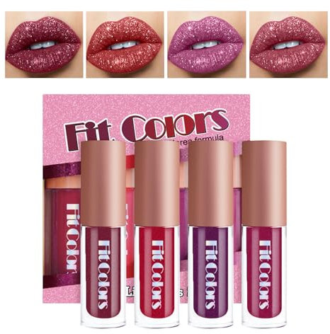 Métallique Briller Rouge à Lèvres, 4pcs Couleurs Glitter Lip Kit, Rouges à Lèvres Brillants Scintillants Liquides Diamantés, Brillant à lèvres Waterproof Long Lasting Shiny Non-Stick
