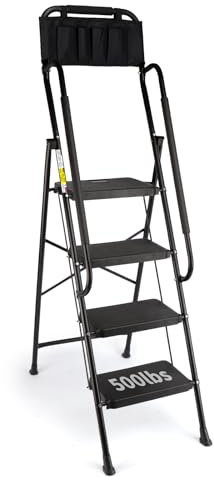 Valeo 4 Step Ladder with Handrails,500 Lbs Capacity,Folding Step Stool Ladder with Attachable Tool Bag,Lightweight & Storage Step Ladder 4 Step Folding,Multi-use for Home,Kitchen,Office,Black