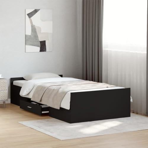 THOYTOUI Bettgestell, Betten Tagesbett Bettsystem Seniorenbett Geeignet für Gästezimmer Wohnungen Schlafzimmer Studentenwohnheim mit Schubladen Schwarz 100x200 cm Holzwerkstoff