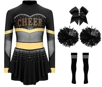 Xnihocha Kinder Mädchen Cheer Leader Kostüm 3tlg Tanz Kleid Halloween Cute Cheer Uniform Outfit mit Zubehör für Karneval
