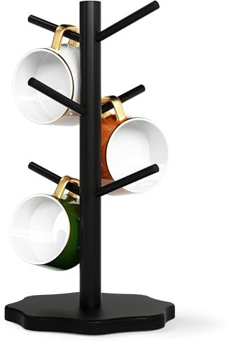 Bamboo Mug Tree Holder for 6 Cups, Black Wooden Mug Tree Station, Mug Racks & Holders Coffee Station Storage Organizer Flower Center Base for Kitchen