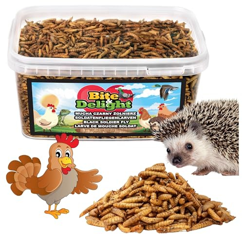 Bite & Delight 900g Soldatenfliegenlarven Getrocknet Hermetia Illucens Black Soldier Fly Energiereiches Futter für Vögel Fische Reptilien Tiere