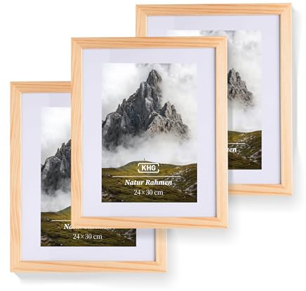 KHG Premium-Bilderrahmen 3er-Set 24x30 cm Natur, stabile Glasfront | hochwertiges Passepartout & MDF-Holzrahmen für Fotos, Poster, Zertifikate & Collagen, vielseitig einsetzbar, für Zuhause