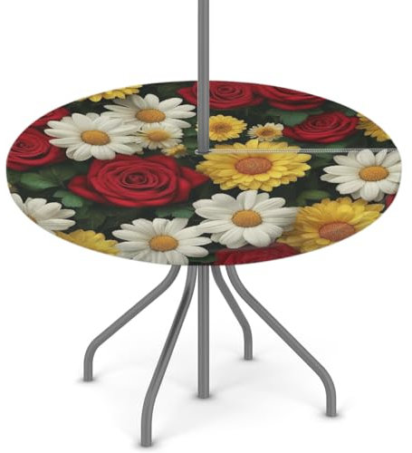 Woltant Nappe ronde avec trou de parasol et fermeture éclair facile à nettoyer avec bords élastiques pour jardin, terrasse, barbecue (marguerite)