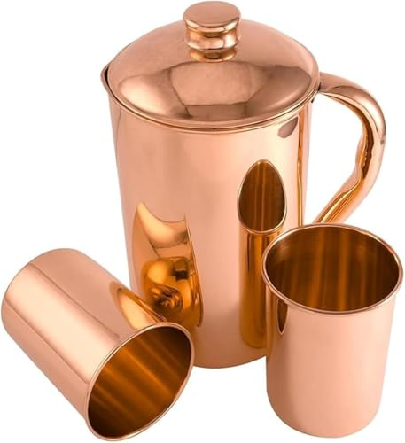 Carafe 100 % cuivre pur 1500 ml avec 2 gobelets | Pichet à eau potable uni avec verres | Ensemble pichet en cuivre avec couvercle et tasses | Bouteille d'eau avec poignée | Avantages pour la santé