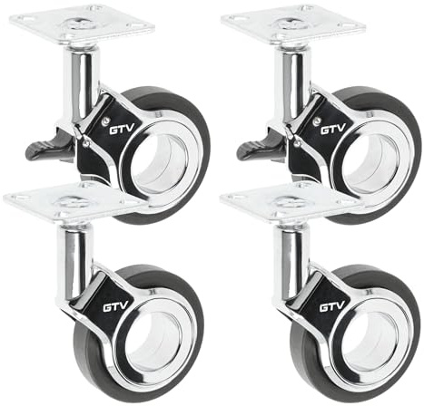 GTV – Möbelrollen GIRA, Set: 2x gebremste Laufrollen + 2x Möbelräder ohne Bremse, schwarz/chrom, 360° drehbar, für Schreibtisch, Regal, Couchtisch, Hocker, Ø60 mm, H94 mm