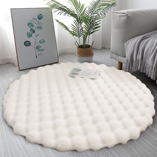 Freyamy Plüsch Teppich Rund 100cm Weiß Hochflorteppiche Flauschige Weich Teppiche Waschbar rutschfest Teppiche Modern Dekorative Teppich für Wohnzimmer Schlafzimmer Kinderzimmer