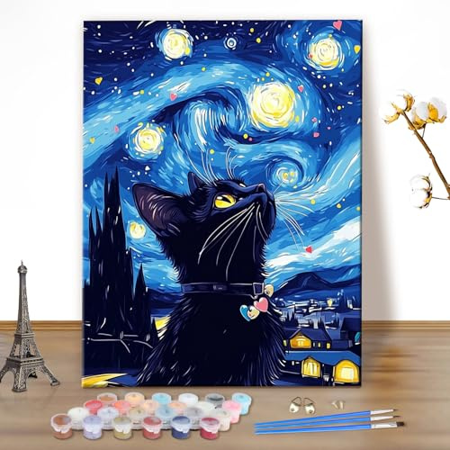 MEIYUDA Malen Nach Zahlen Erwachsene Schwarze Katze, Sternnacht Bastelset Malen Nach Zahlen, DIY Set mit Pinseln und Acrylfarben Handgemalt Ölgemälde Leinwand für Home Décor 40x50cm(Ohne Rahmen)