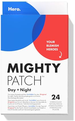 Hero Cosmetics Mighty Patch Day + Night, Hydrocolloid Acne Patches, Absorb gunk from Spots Within 6 Hours, Day & Night Spot Treatment, 24 x Pimple Patches