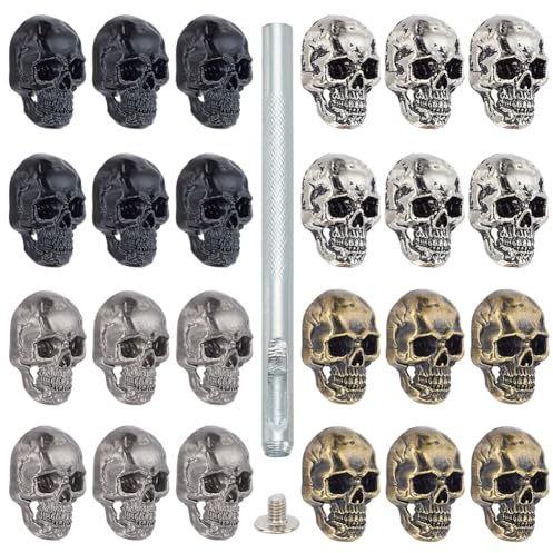 WEBEEDY 24 Stück 4 Farben Halloween Schädel Nieten Knöpfe Mit Einem Locher Verzierungs Nieten Stollen Totenkopf Knöpfe Pins Goth Conchos Für Lederhandwerk Halloween Party Cosplay