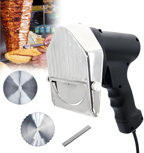 DNEPEI Electric Shawarma Knife, Commercial Stainless Steel Gyro Cutter,with 2 Blades,3.93in/100mm Blade Diameter, 0-8mm Adjustable Thickness,Widely used in roast meat shops, restaurants Wiretype