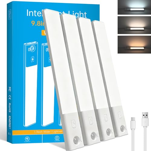 Voinee Care Under Cabinet Kitchen Lights -3 Colors with Adjustable Intensity, Motion Sensor Lights Indoor, USB Charging, Magnetic Installation, Suitable for Closets, Wardrobes, Bedrooms, Stairs-4 Pack