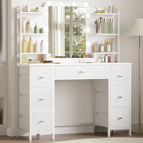 Hzuaneri Dressing Table with Mirror, Vanity Table with 7 Fabric Drawers | Vanity Desk with 3-Color LED Lights Adjustable Brightness, 6-Layer Shelves, Modern Makeup Desk for Bedroom White DT42303XUK