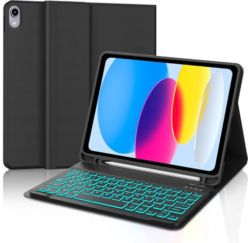 Funda Teclado para iPad A16 11 Generación 2025/10 Gen 2022 11/10.9 Pulgadas | Keyboard Retroiluminado 7 Colores QWERTY Español Ñ, Bluetooth Magnético Desmontable Teclado con Soporte para Lápiz, Negro