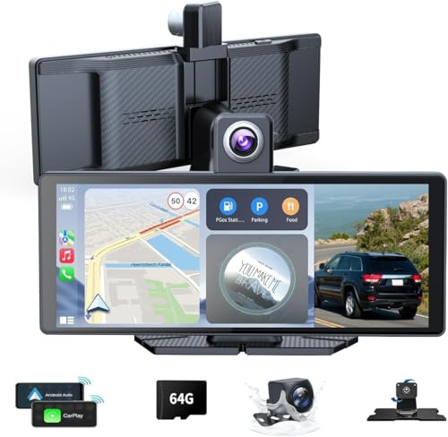 10.26 Wireless Portable Carplay Screen CarPlay & Android Auto Car Stereo 360 Rotation 4K Dash Cam 1080p Rear Camera Mirror Link Voice Control, GPS Navigation, FM Radio Receiver