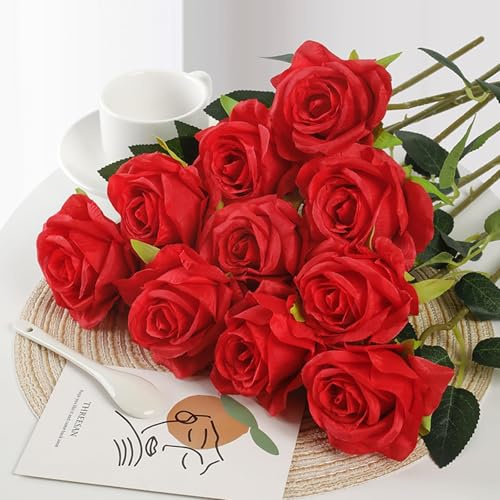 MmotZsb 16 Stück Rote Rosen, Künstliche Rosen Wie Echt, Kunstrosen Für Grabdekoration, 8x50 cm, Rosenstrauß Künstlich, Wachsrosen Rot, Kunstblumen Wie Echt