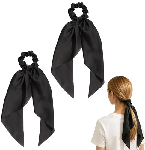 Hair Bows Scrunchies, Silky Hair Ribbon and Bow Scrunchie Set, Black 2Pcs | Smooth Satin Scrunchie Reduces Hair Damage, Coordinated Ribbon and Bow Set, Suitable for Daily Wear and Special Occasions