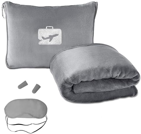 Veebmys Set Coperta e Cuscino da Viaggio 2 in 1, Coperta Aereo 60x50 Pollici Ultra Morbida e Calda, Portatile Include Maschera e Tappi per le Orecchie, per Aerei, Auto, Campeggio e Regalo (Grigio)