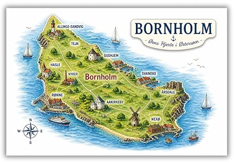 Bornholm Kühlschrankmagnet- Souvenir - Reiseandenken, Dänemark - Inselkarte mit Highlights- Sonneninsel 300426