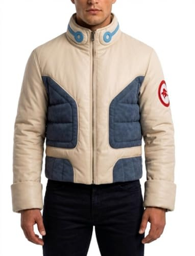 ZM ATTIRE Veste aviateur de pilote spatial rétro pour homme en cuir crème et bleu