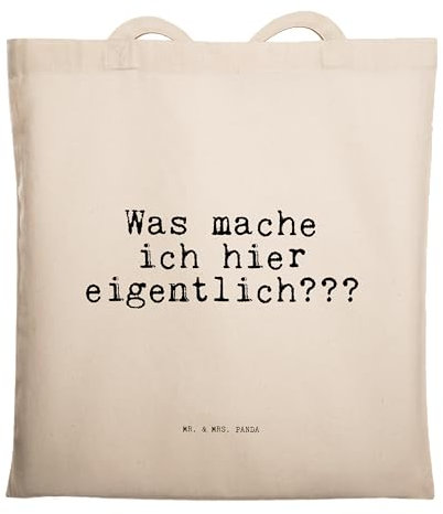 Mr. & Mrs. Panda Tote Bag Was mache ich hier... - Geschenk, Spruch Sprüche Weisheiten Zitate Lustig Weisheit Worte, Uni Tasche, Beruf Arbeit Büro, Jutebeutel, Jutetasche, Einkaufstasche, Shopping