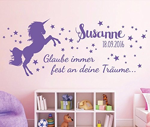 tjapalo® 80x36cm pkm206 Wandtattoo Kinderzimmer Baby Geburt Wandtattoo Mädchen Pferd Sterne glaub immer an deine Träume Mädchenzimmer Datum Name Wunschname