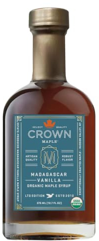 Crown Maple Ahornsirup Vanilla Infused, Bio, mit echter Madagaskar Vanille, aus dem Hudson Valley USA, cremig-süß, ideal für Desserts, Obst, Backen, Pancakes, Kaffee, Tee, Cocktails, Gourmet-Sirup