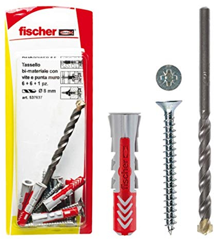 Fischer 537636 Dübel mit Schraube und 1 Spitze Bohrer DUOPOWER, grau/rot, 6 x 30 mm, Set von 8 Stück