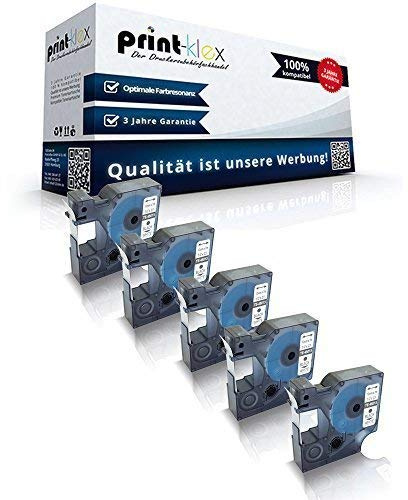 5x Print-Klex Schriftbänder kompatibel für Dymo D1 45013 Labelwriter400Duo Dymo 1000 1000 Plus 2000 3500 5500 Labelmaker 4500Pocket S0720530 12mm x 7m schwarz-weiss Etikettenlabel - Easy Print Serie