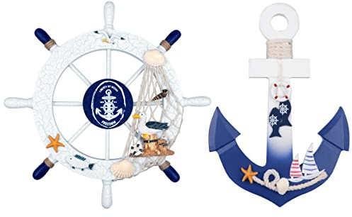 Meching 2 Stück 27.9 cm nautisches Strand-Holzschiffrad und 27.9 cm Holzanker mit Seil, nautisches Boot, Lenkrad, Ruder, Anker, Wandkunst, Dekoration, Strand-Thema, Heimdekoration (weiß und blau)