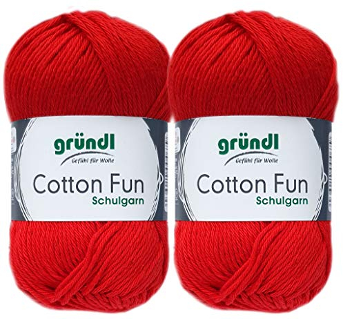 2x50 Gramm Gründl Cotton Fun Häkelgarn Schulgarn aus 100% Baumwolle + 1 Anleitung für EIN Meerschwein (06 Rot)