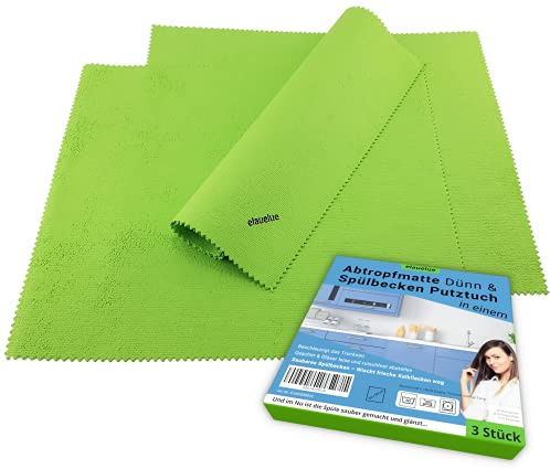 elauelue Abtropfmatte für Geschirr & Gläser 3er-Set, Grün, 38x34 cm | Dünn, Waschbar 60°C, Aus Mikrofaser, Zuschneidbar, Für Küche, Spüle, Spülbecken